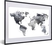Fotolijst incl. Poster - Wereldkaart - Abstract - Grijs - Waterverf - 60x40 cm - Posterlijst