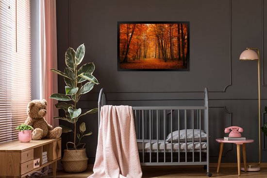 Image encadrée - Forêt d'automne de conte de fées avec cadre photo couleurs rouges noir sans passe-partout 90x60 cm - Affiche encadrée (Décoration murale salon / chambre)
