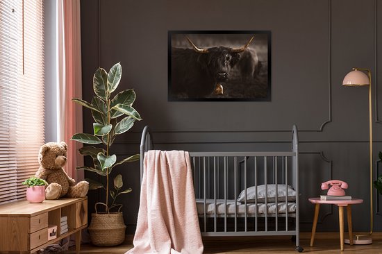 Fotolijst incl. Poster - Schotse hooglander - Dier - Zwart - wit - 120x80 cm - Posterlijst