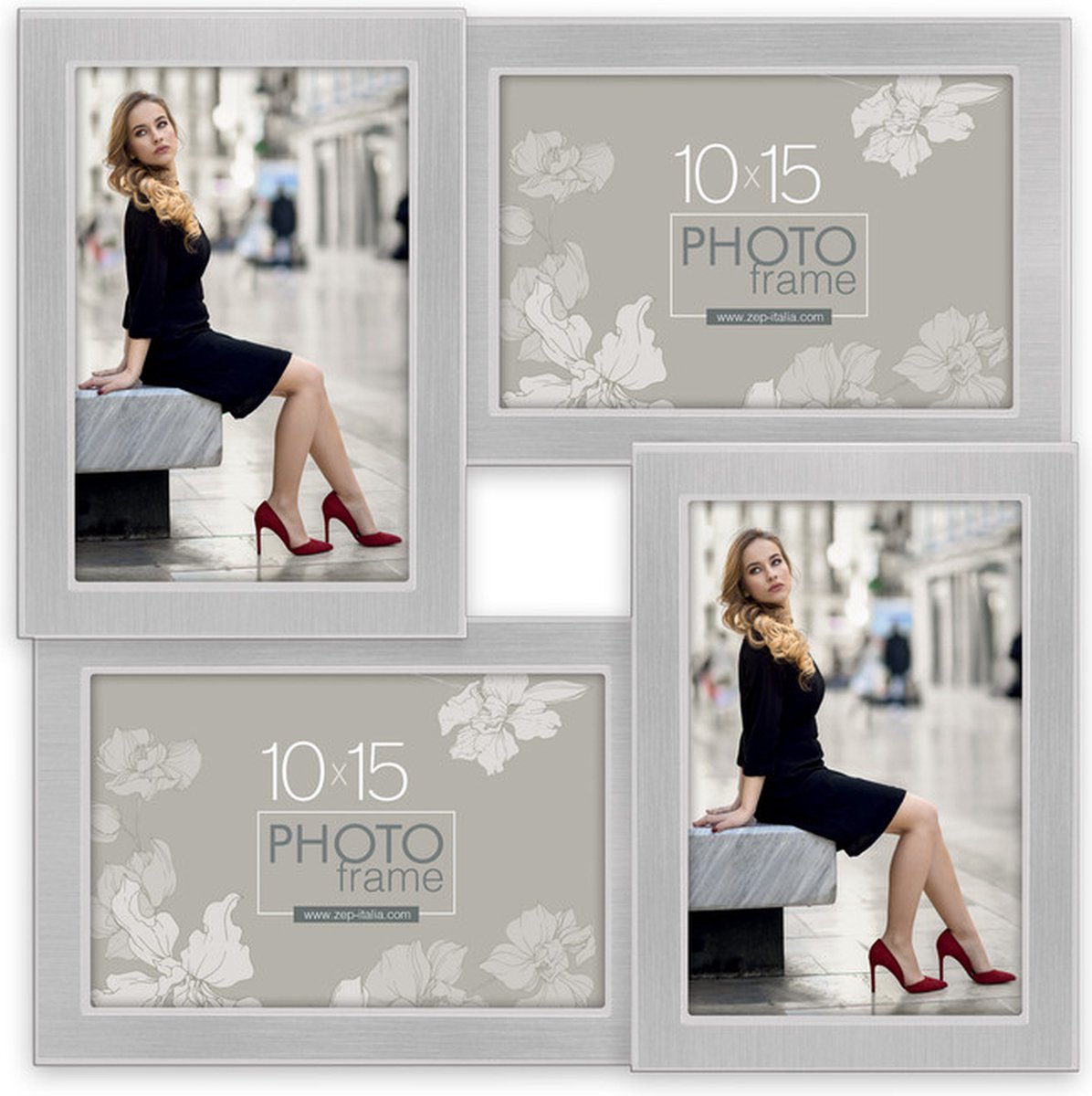 Zep Metalen Multi Fotolijst Olimpia Zilver 4Q voor 4 foto's formaat 10x15 (28,5x28,5 cm) - S4044 Zilverkleurig