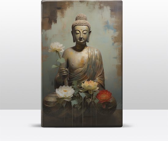Buddha met bloemen - Mini Laqueprint - 9,6 x 14,7 cm - Niet van echt te onderscheiden handgelakt schilderijtje op hout - Mooier dan een print op canvas. - LWS537