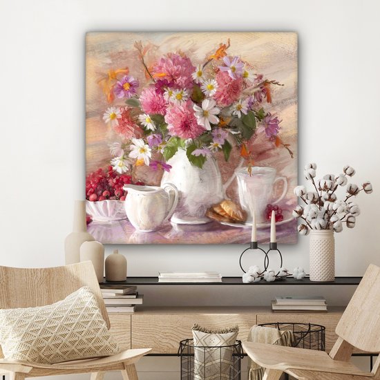 Toile - Peinture - Fleurs - Vase - Huile - 90x90 cm - Décoration murale