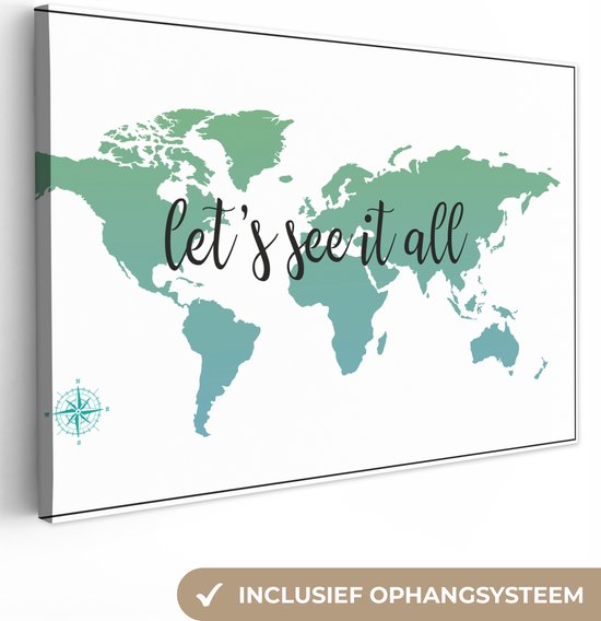 Canvas Wereldkaart - 30x20 - Wanddecoratie Wereldkaart - Groen - Quote - Kids - Jongetjes - Meiden