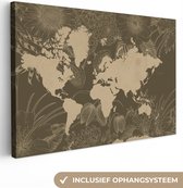 Canvas Wereldkaart - 90x60 - Wanddecoratie Wereldkaart - Bloemen - Bruin