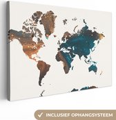 Canvas Wereldkaart - 90x60 - Wanddecoratie Wereldkaart - Blauw - Verf