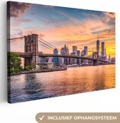 Canvas Schilderij New York - Brooklyn bridge - Wolken - 90x60 cm - Wanddecoratie