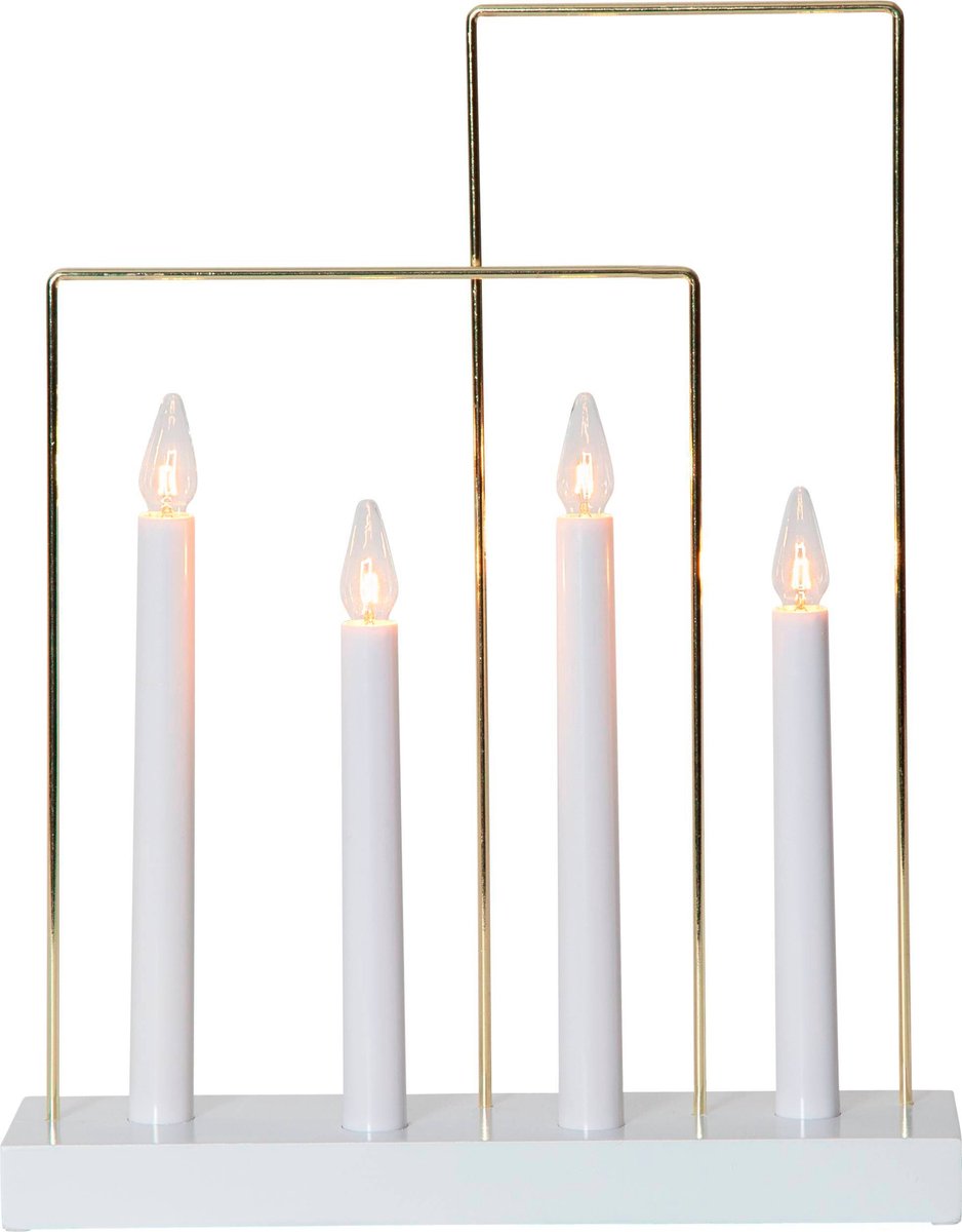 Star Trading Kandelaar Glossy vanStar Trading, kandelaar met 4 gloeilampen E10 warm wit, kerstversiering van hout, kunststof en metaal in wit en goud, kabelschakelaar, hoogte: 36 cm White