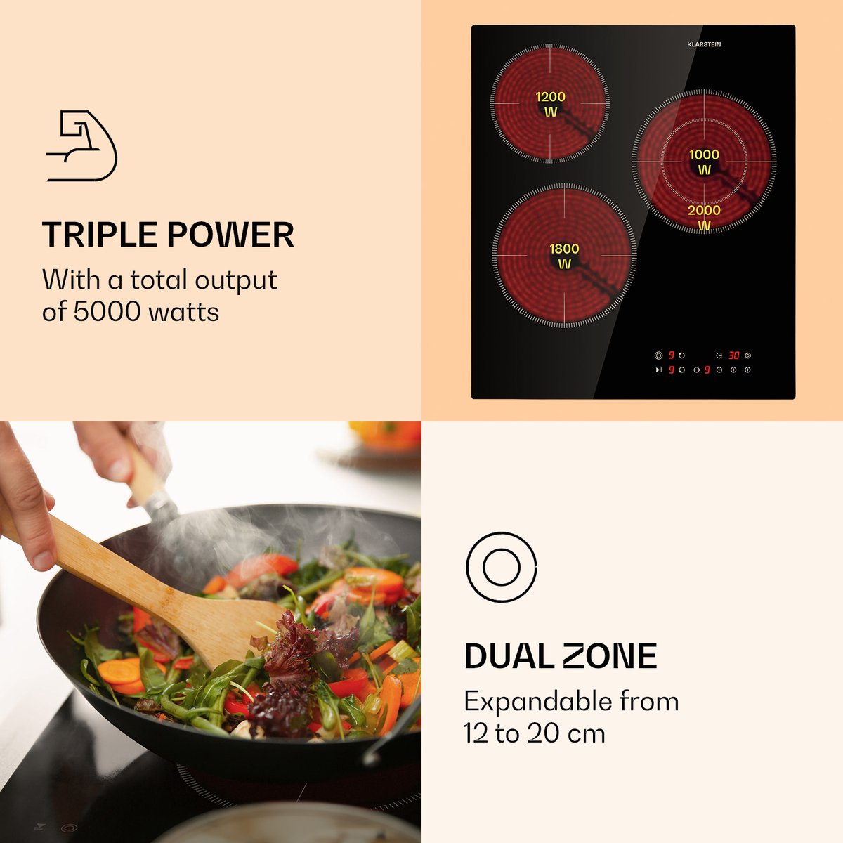Klarstein Virtuosa 3 Slim kookplaat - 3 kookvelden - 5000 W - dubbele zone - 9 standen - timer tot 99mn  - keramiek