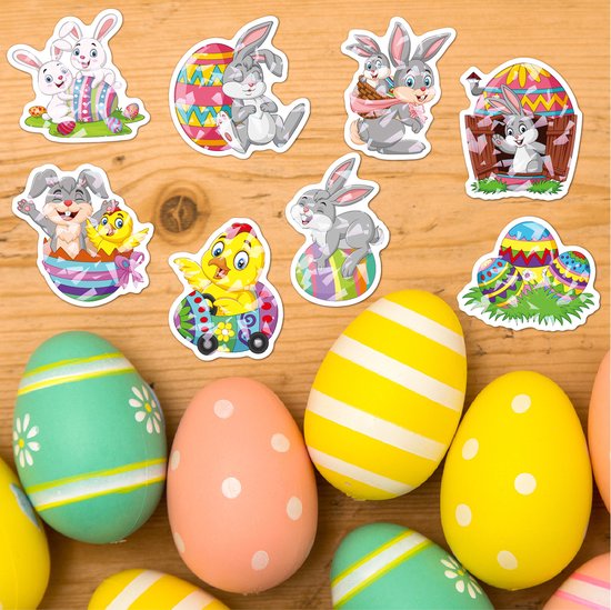 Autocollants Joyeuses Pasen - 100 Autocollants de Pâques avec lapins de Pâques, œufs de Pâques, poussins, printemps - Décoration de Pâques