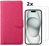 Hoesje Geschikt voor iPhone 15 Plus hoesje bookcase met 2x screenprotector – Roze