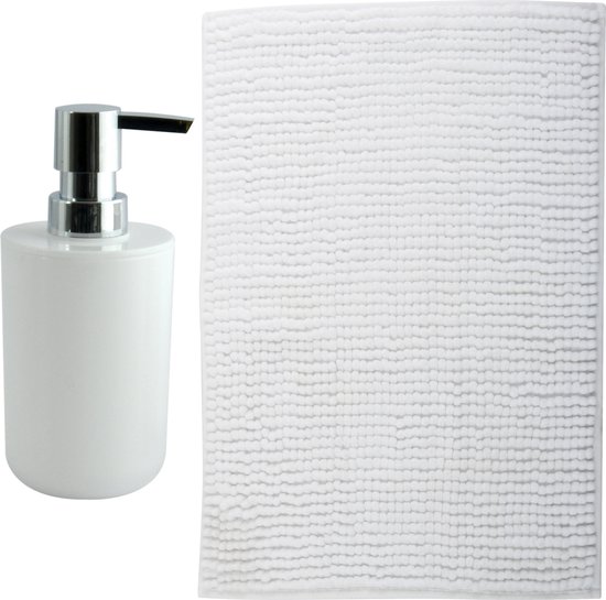 MSV badkamer droogloop mat - Genua - 50 x 80 cm - met bijpassende kleur zeeppompje - wit