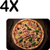 BWK Flexibele Placemat - Pizza met Ham en Olijven op Donkere Achtergrond - Set van 4 Placemats - 40x30 cm - PVC Doek - Afneembaar