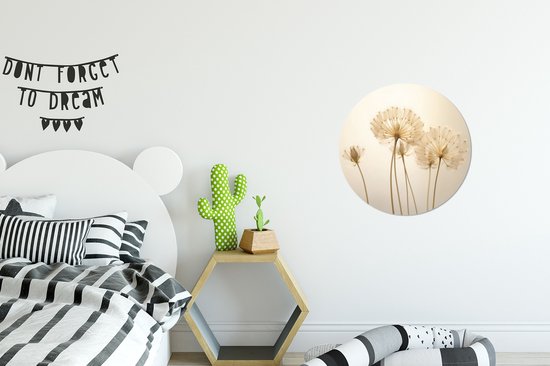 Wandcirkel met silhouetten van uitgebloeide paardenbloemen met zaden op een lichte achtergrond.