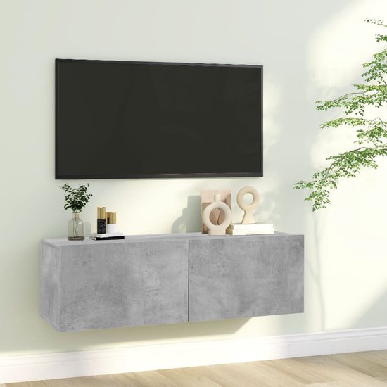 The Living Store TV-meubel - Televisiekast - 100 x 30 x 30 cm - Betongrijs - Neerklapbare deuren