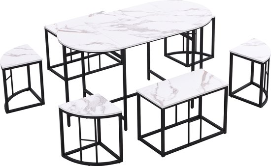Merax Eetkamer Set - Eethoek Set met Tafel en Stoel - Eettafel met 6 Stoelen - Wit met Zwart