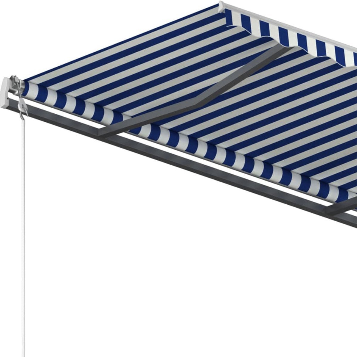 Vrijstaande handmatig uittrekbare blauw-witte buitenluifel van The Living Store voor schaduw op het terras - 450x300 cm.