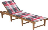 The Living Store Chaise longue Bois d'acacia - Motif carreaux rouges - 200x61x30/86 cm - Dossier réglable