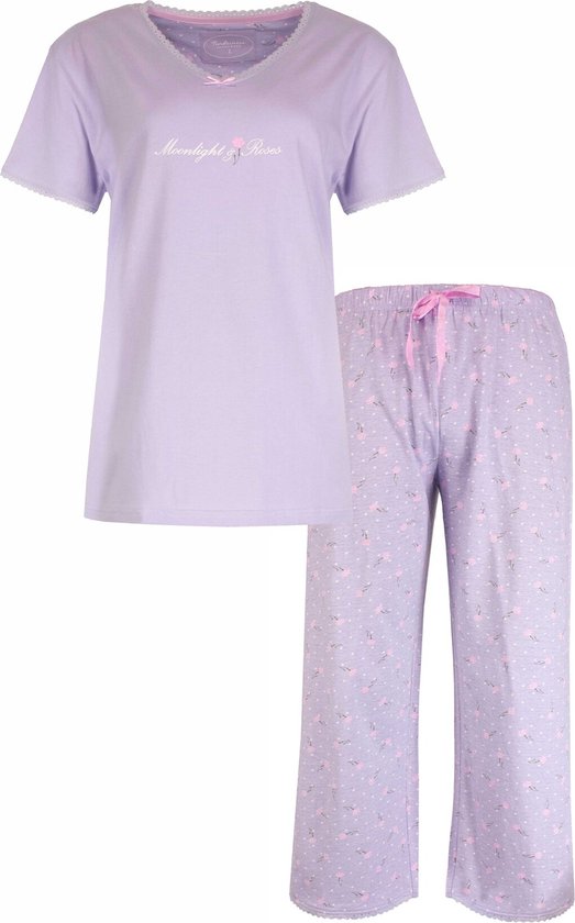 Dames Pyjama Set Tenderness – Bloemetjes print - 100% Gekamde Katoen –Lavendel Lila - Maat XL