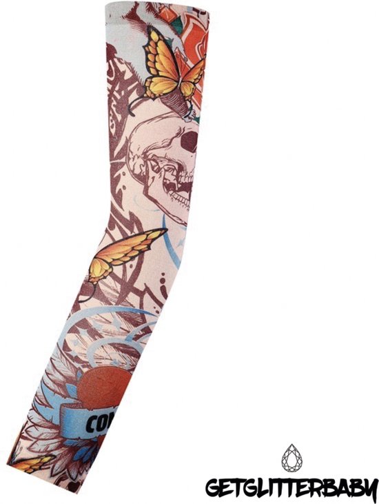 Lange armmouw met tattoo-opdruk van een schedel, vlinders en zon. GetGlitterBaby.