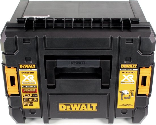 Zwarte DeWalt opbergkoffer met gele accenten.