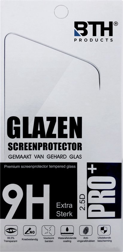 Verpakking van BTH screenprotector van gehard glas, met "9H Extra Sterk" en iconen voor 99,5% transparant, krasbestendig, waterafstotend en anti-vingerafdrukken.