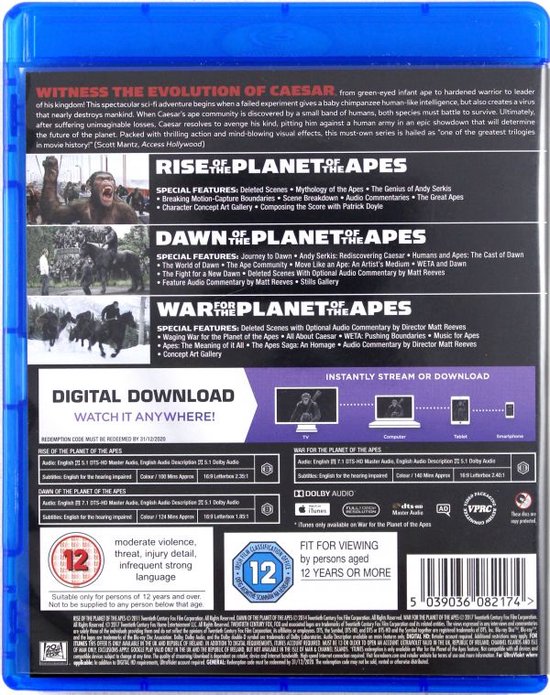 Achterkant van de Blu-ray box van Planet of the Apes Trilogy, met tekst en afbeeldingen van de films.