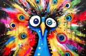 JJ-Art (Glas) 120x80 | Gekke pauw, abstract in Herman Brood stijl, kleurrijk, felle kleuren, kunst | vogel, dier, rood, oranje, groen, geel, blauw, modern | Foto-schilderij-glasschilderij-acrylglas-acrylaat-wanddecoratie