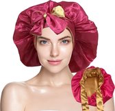Dubbelzijdige Satijnen Slaapmuts met Verstelbare hoofdband met Lange Lussen - Bonnet van Satijn - Haarnetje - Goud/Roze