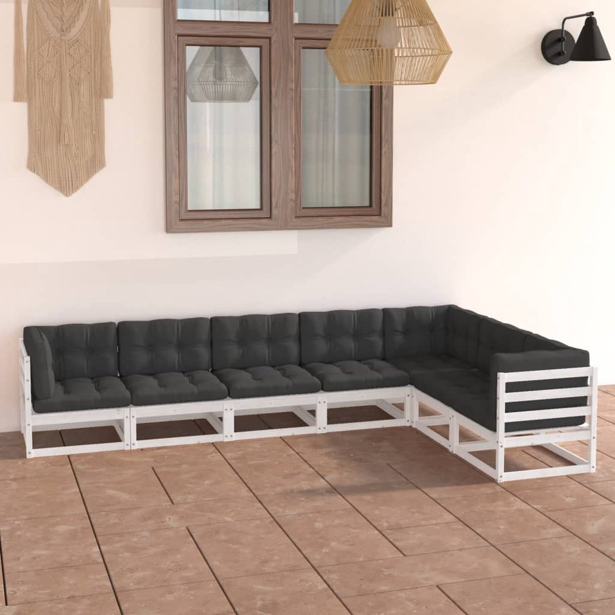 The Living Store 7-delige Loungeset met kussens massief grenenhout wit - Tuinmeubels - Loungestoel - Houten Tuinstoel - Grenenhouten Stoel - Buitendecor