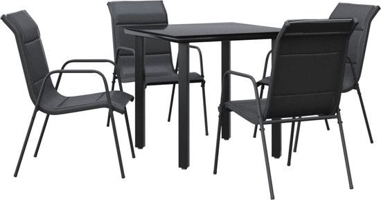 Zwarte tuintafel met vier stoelen, textilene zitting en stalen frame.