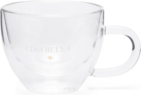 Riviera Maison dubbelwandig thee - koffieglas met tekst - Ciao Bella Double Wall Glass - Transparant - Glas - Maat M - 230 ML