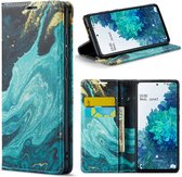 Casemania Hoesje Geschikt voor Samsung Galaxy S21 FE Blue Aquamarine - Marmer Portemonnee Book Case