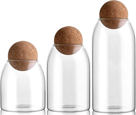 gouveo Set van 3 borosilicaatglazen van 600 ml met kurksluiting, glazen pot voor het bewaren van levensmiddelen