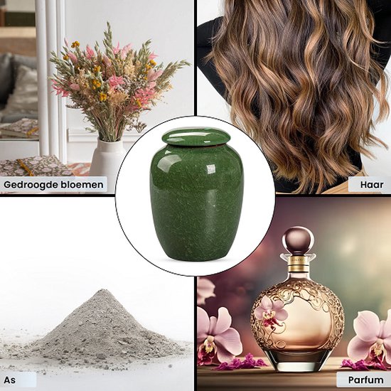 Groene, handgemaakte keramische urn met barstenpatroon.