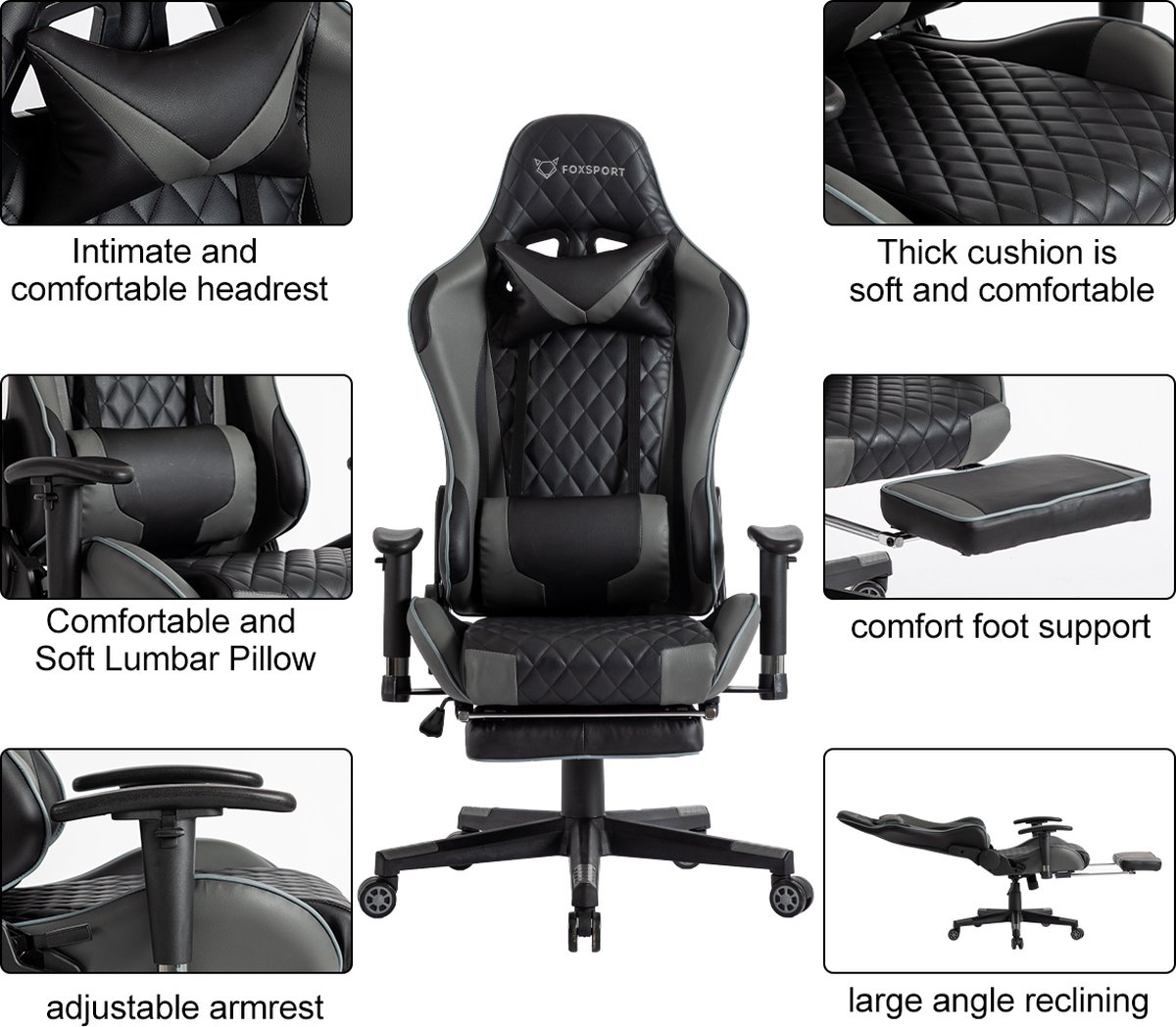 Afbeelding 3 van FOXSPORT gaming Stoel - E-Sports - Gaming Chair Bureaustoel Met Nekkussen & Verstelbaar Rugkussen - Met beensteun - Ergonomische gamerstoel - Gamerstoel - Computerstoel - Draaistoel - Zwart