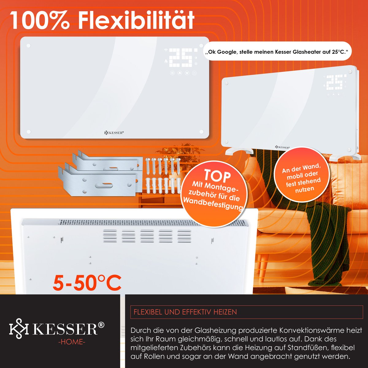 Radiateur électrique En Verre Avec WiFi Et Télécommande - 2500W, écran Tactile, Minuterie, Pieds Ou Mural, Blanc, Design Moderne