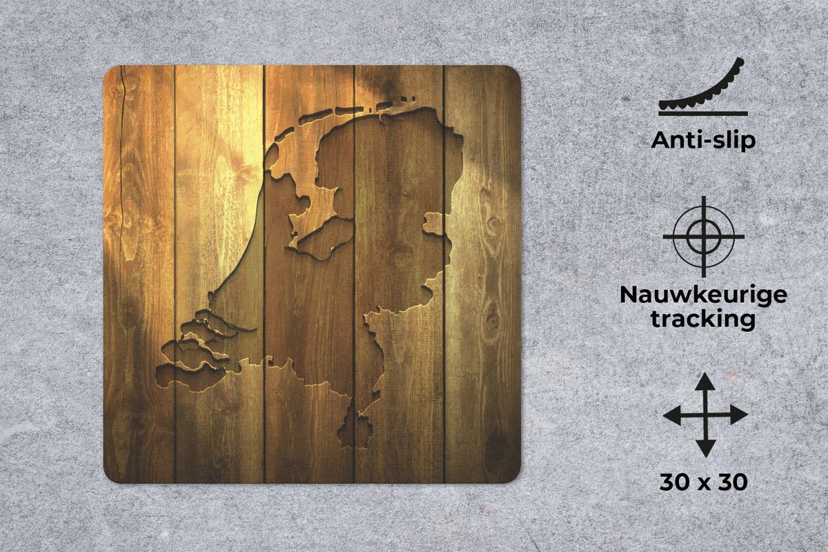 Muismat 30x30 cm - Mousepad Houten kaart van Nederland - Muismatten