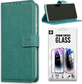 Casemania Hoesje Geschikt voor Apple iPhone 15 Pro Turquoise & Glazen Screenprotector - Portemonnee Book Case - Kaarthouder & Magneetlipje