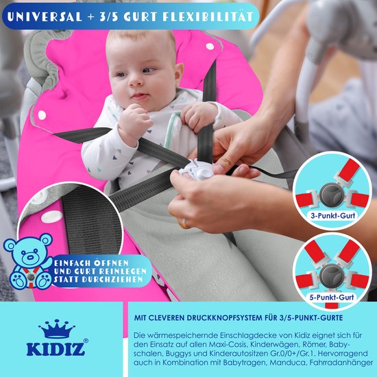 KIDIZ® Baby Slaapzak voor Buggy Voetenzak voor Autostoeltje & Wandelwagen Babyschaal, voor Winter met Kap + Babyslaapzak Deken voor Maxi-Cosi & Kinderwagen alle Gordelsystemen 3 & 5-Puntsgordel - Grijs / Roze van Merkloos — afbeelding 4