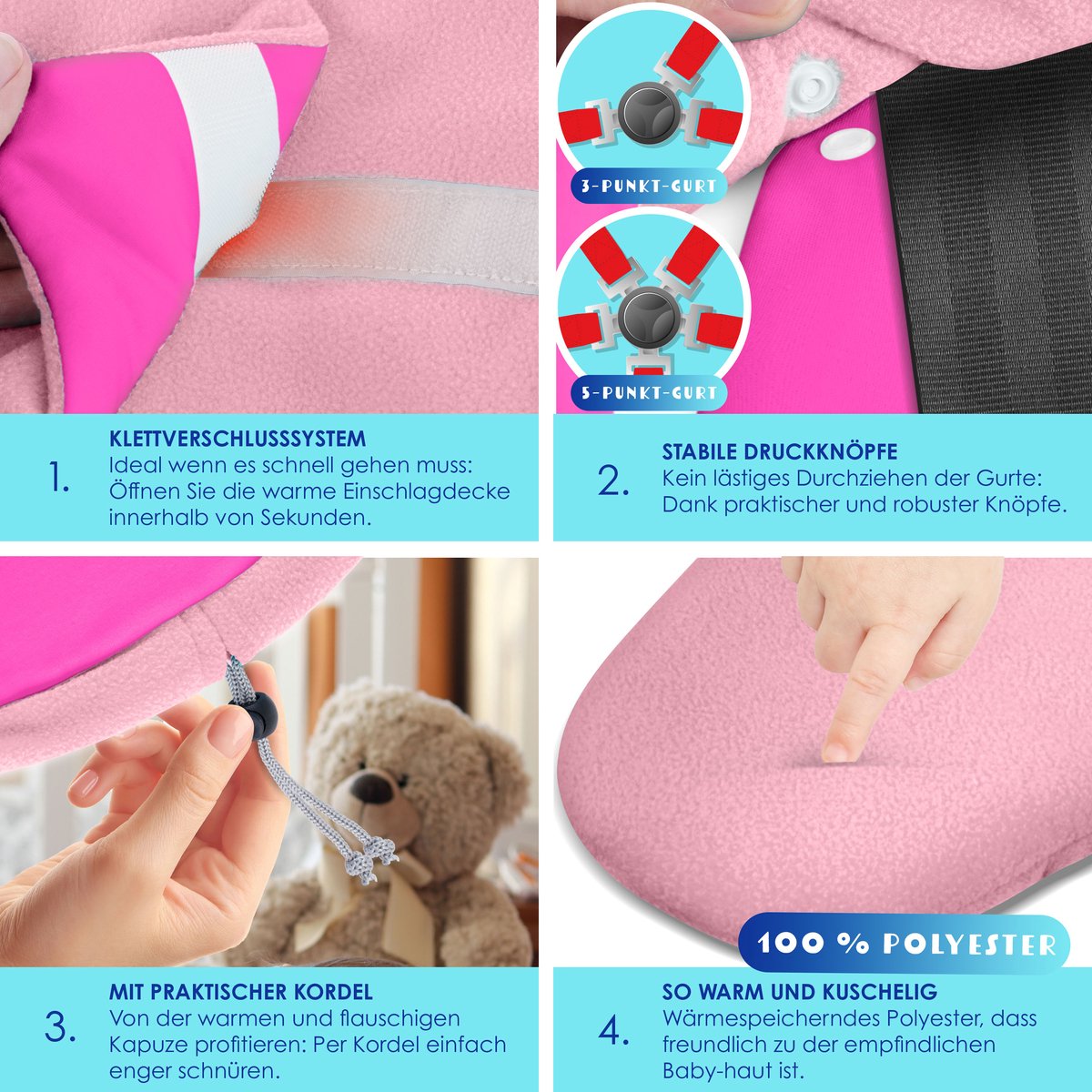 KIDIZ® Baby Slaapzak voor Buggy Voetenzak voor Autostoeltje & Wandelwagen Babyschaal, voor Winter met Kap + Babyslaapzak Deken voor Maxi-Cosi & Kinderwagen alle Gordelsystemen 3 & 5-Puntsgordel - Roze / Roze – foto 7