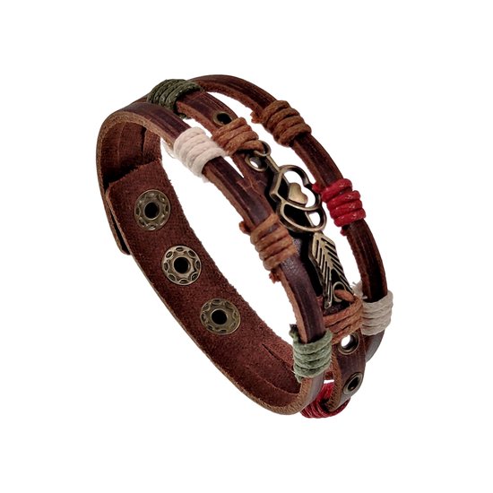 Armband Unisex - Houtkleurige Bruin Leer - Leder Armband met - Multicolor-Veters