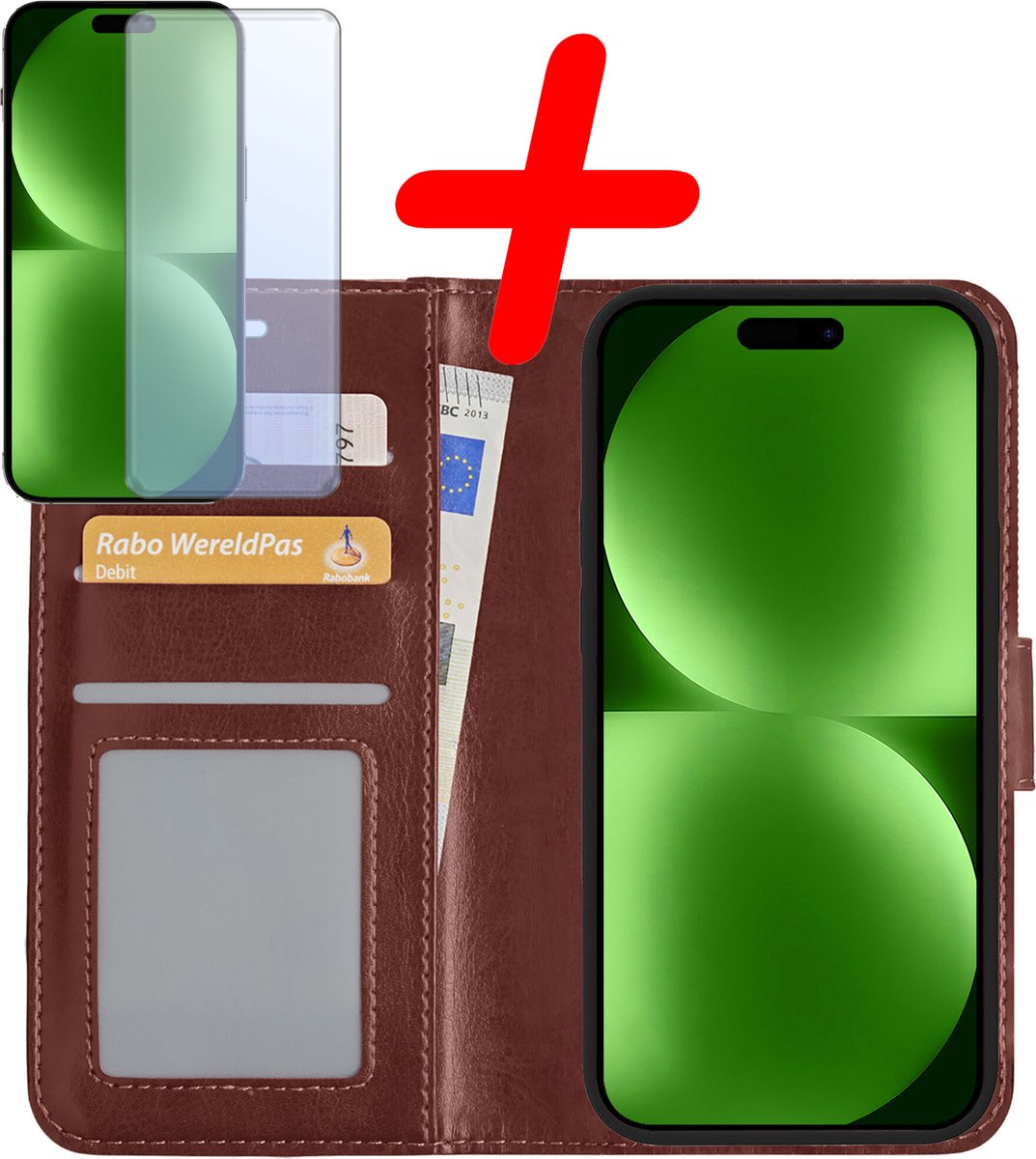 Hoesje Met Screenprotector - Geschikt voor Apple iPhone 15 Pro Max - Luxe Pasjeshouder - Bookcase Portemonee - Flip Case - Kunstleer Book Case - Flipcase - Book Cover - Walletcase - Portemonneehoes - Bruin