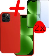 Hoes Geschikt voor iPhone 15 Pro Hoesje Siliconen Back Cover Case Met 2x Screenprotector - Hoesje Geschikt voor iPhone 15 Pro Hoes Cover Hoesje - Rood