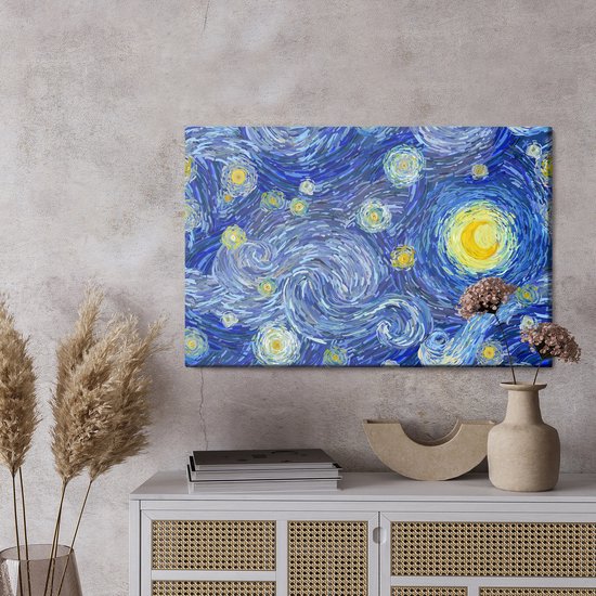 Schilderij - Sterrennacht in de style van Vincent van Gogh, blauw/geel, 4 maten, print