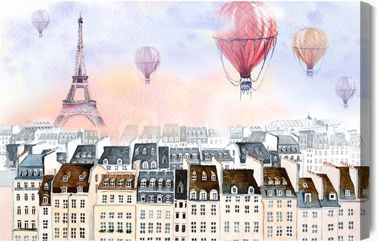 Schilderijkoning - Canvas Schilderij Ballonnen Vliegen Over Parijs - 120 x 80 cm