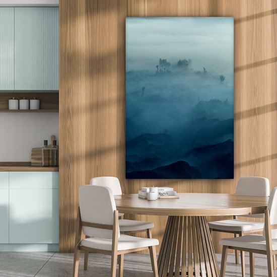 Peinture sur toile - Brouillard - Arbres - Berg - Blauw - Canvasdoek - Photo sur toile - 80x120 cm - Peintures sur toile