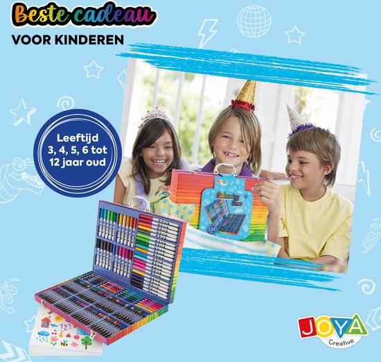 Tekendoos voor Kinderen 124pcs - Tekenset - Knutselpakketten - 15 tekenvellen - Stiften - Kleurpotloden - Waskrijt - Prachtige opbergkoffer - Joya Creative