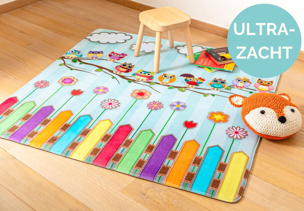 Mats & Joy Uiltjes op stok Kindertapijt 130x130cm - Ultrazacht - Anti-slip - Wasbaar - Tapijt Kinderkamer / Tapijt Kinderen / Mat Kinderkamer / Kindermat / Vloerkleed Kinderkamer Uil / Speelmat / Speeltapijt / Speelkleed / Baby / Peuter