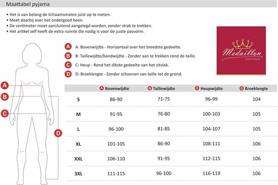 Maattabel voor pyjama's met visuele uitleg van lichaamsmaten.