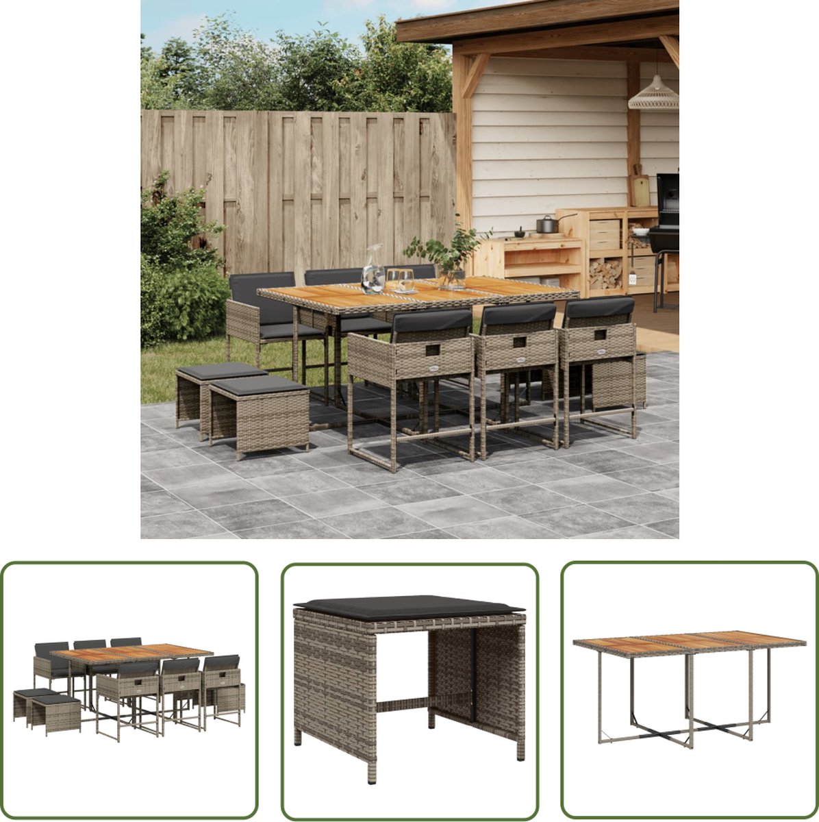 The Living Store 11-delige Tuinset met kussens poly rattan grijs - Tuinset - Buitentafel - Lounge Set - Patio Set - Teak Tafels